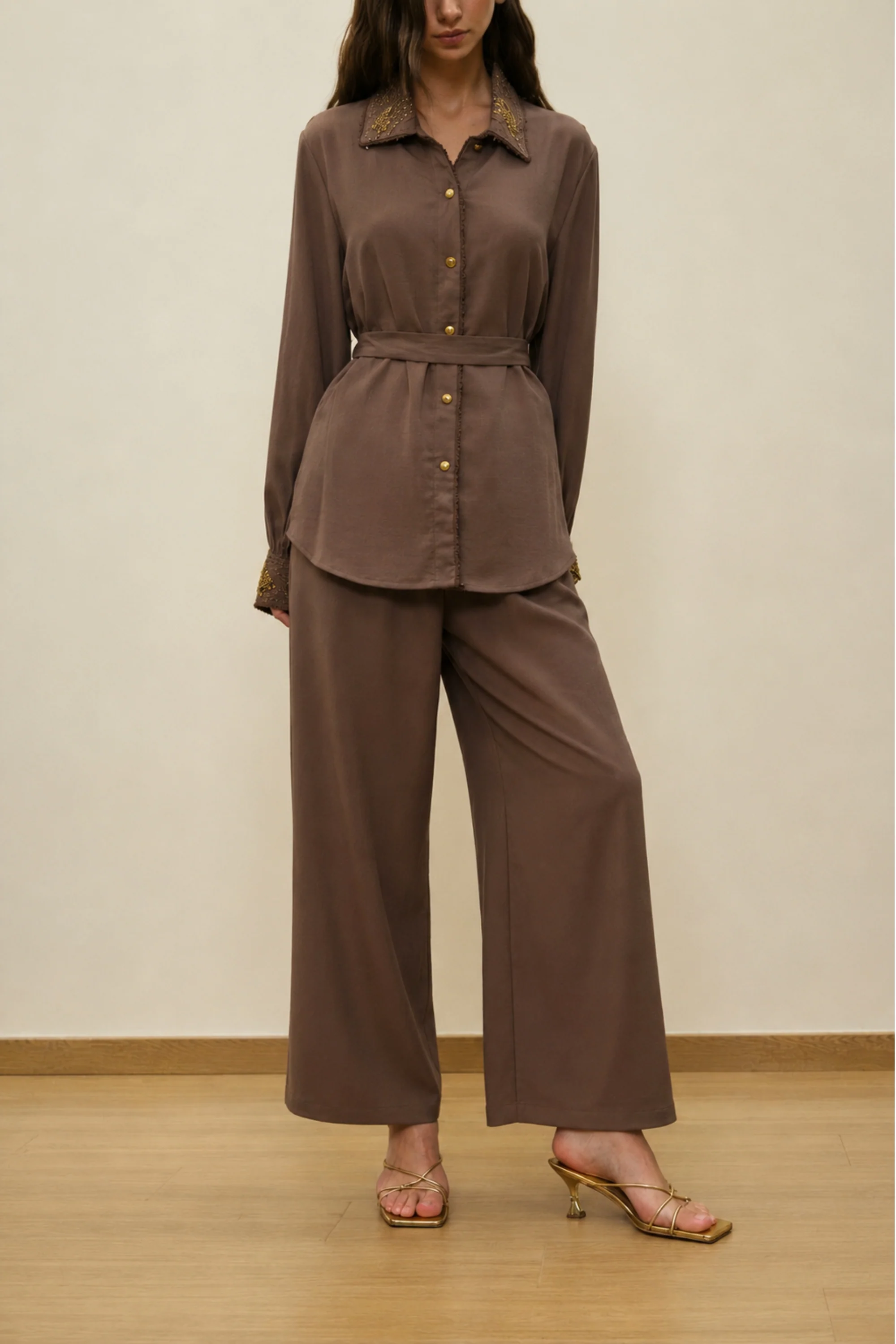 Cocoa Embellished Collar Belted Co-ord Set