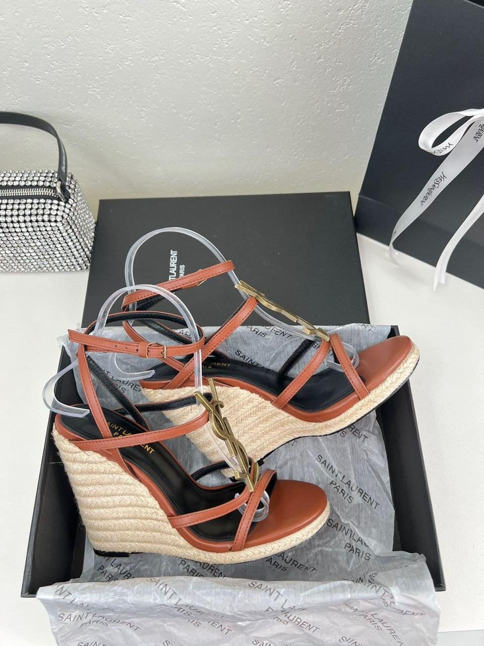 Saint Laurent Cassandra 115 Leather And Raffia Wedge Brown Sandals