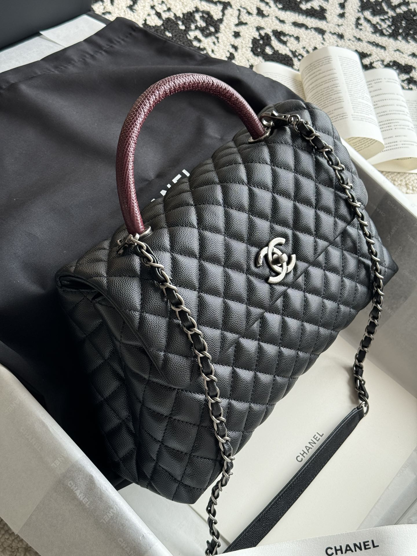 Large Coco Handle Flap Bag in Black Quilted Caviar Leather with Burgundy Lizard Handle and Ruthenium-Finish Hardware