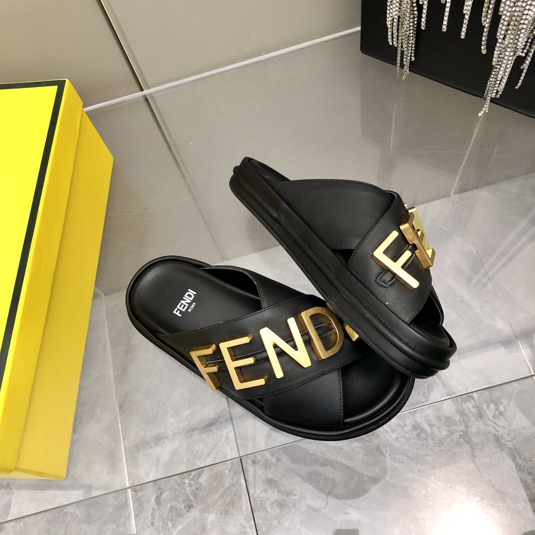 Fendi Fendigraphy Leather Slides Black 8X8289Ai1Rf1H1K