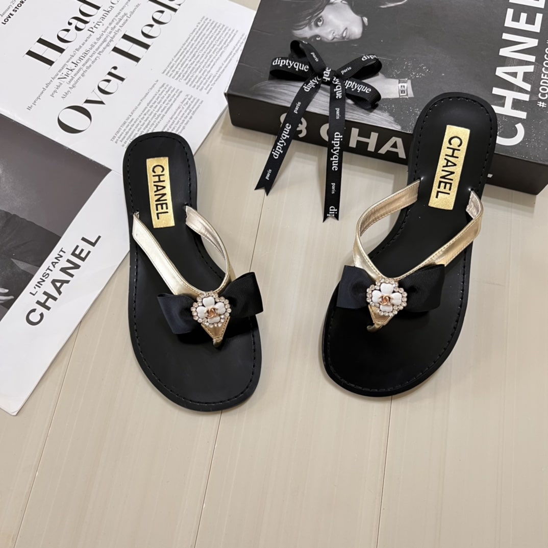 Chanel Thong Slide White Camellia Cc Logo Bow Black