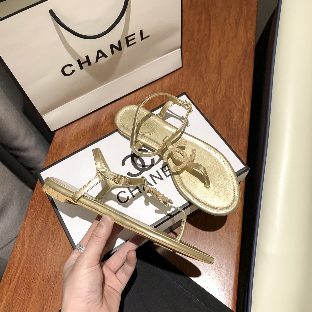 Chanel Gold Pearl Cc Logo Thong Sandals Golden