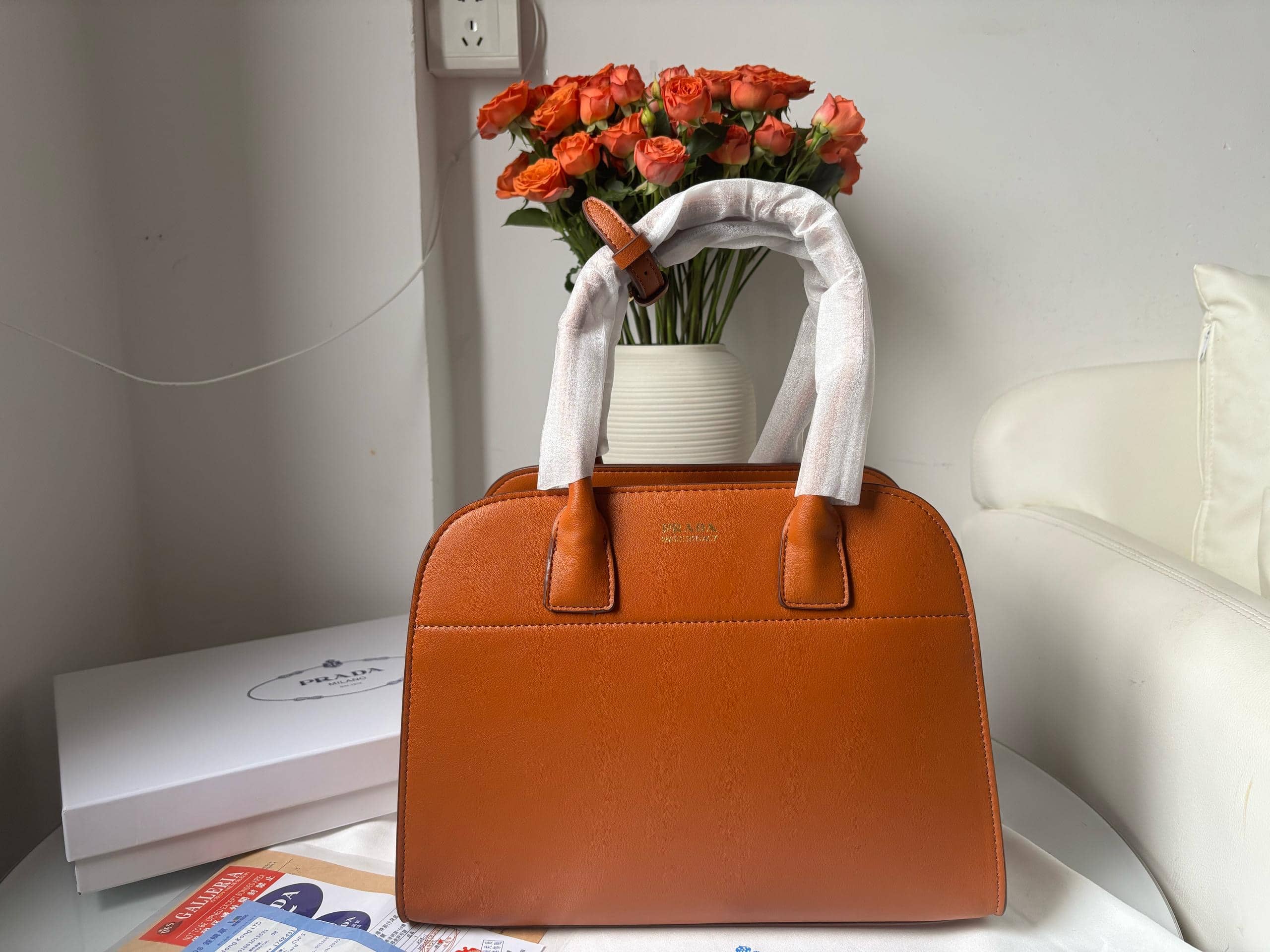 Prada Medium Leather Tote Bag Dark Orange 32Cm 1Bg517 2Cys F03Bh V Ooo