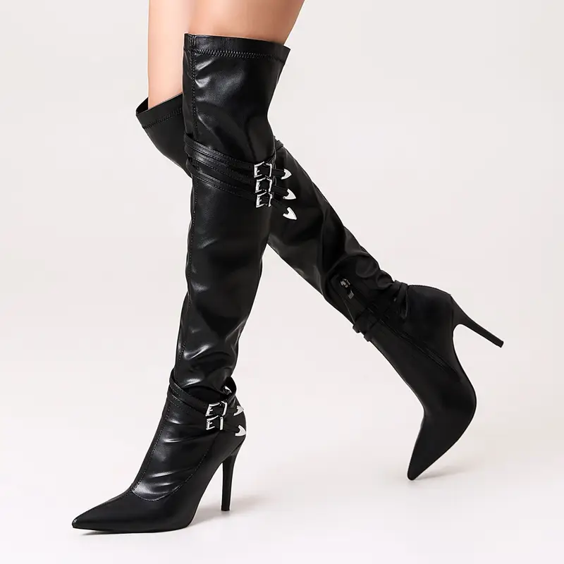 Black Buckle Strap High-Heeled Knee High Boots