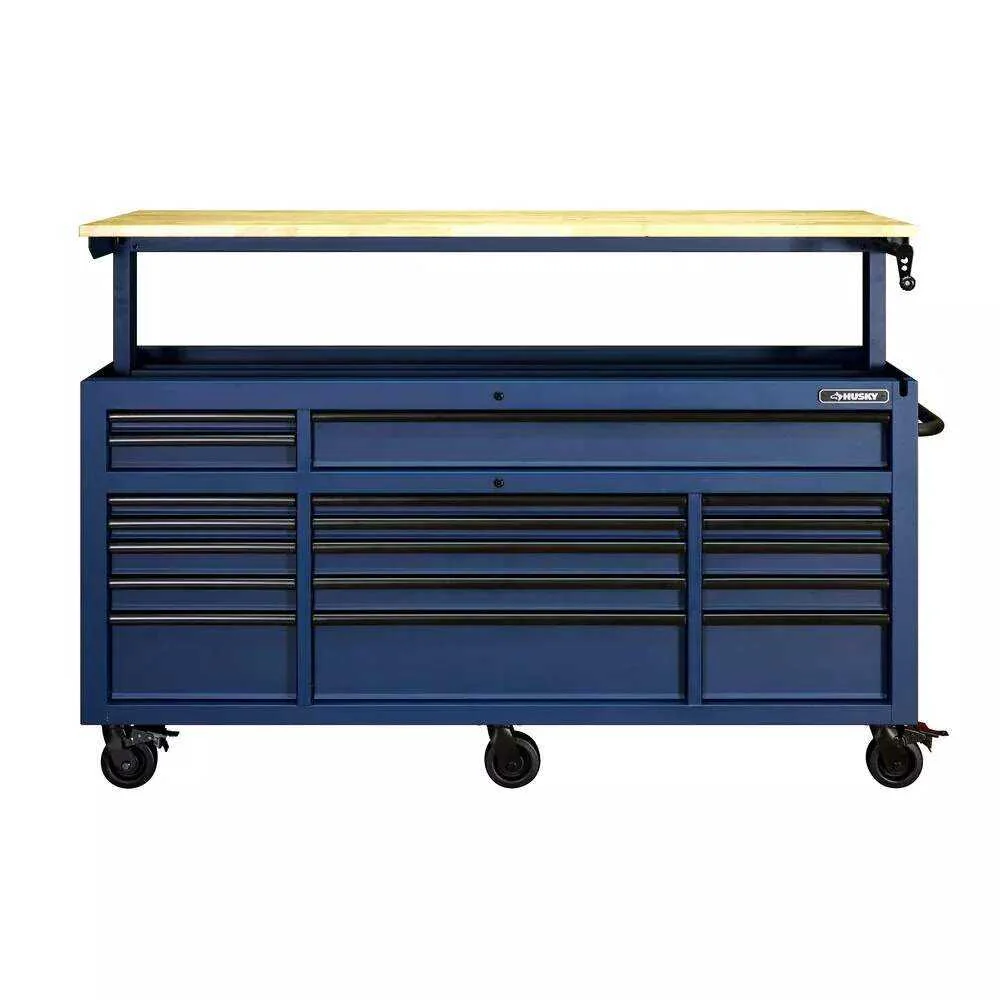 72 IN. 18-DRAWER MOBILE WORKBENCH WITH ADJUSTABLE-HEIGHT SOLID WOOD TOP IN MATTE BLUE