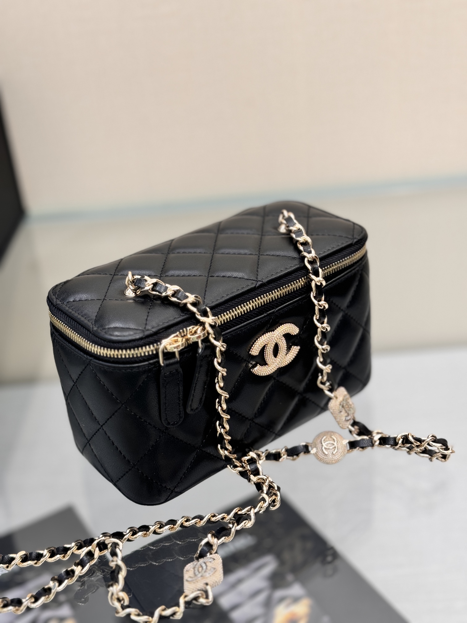 Long Vanity Case with Chain in Black Quilted Calfskin with Crystal CC Logo & Light Gold-Tone Hardware
