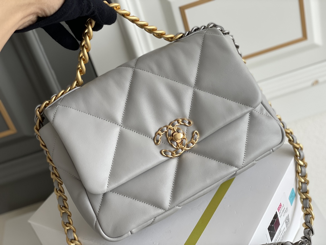 19 Handbag in Grey Quilted Shiny Lambskin with Gold-Tone, Silver-Tone & Ruthenium-Finish Metal (Model AS1160)