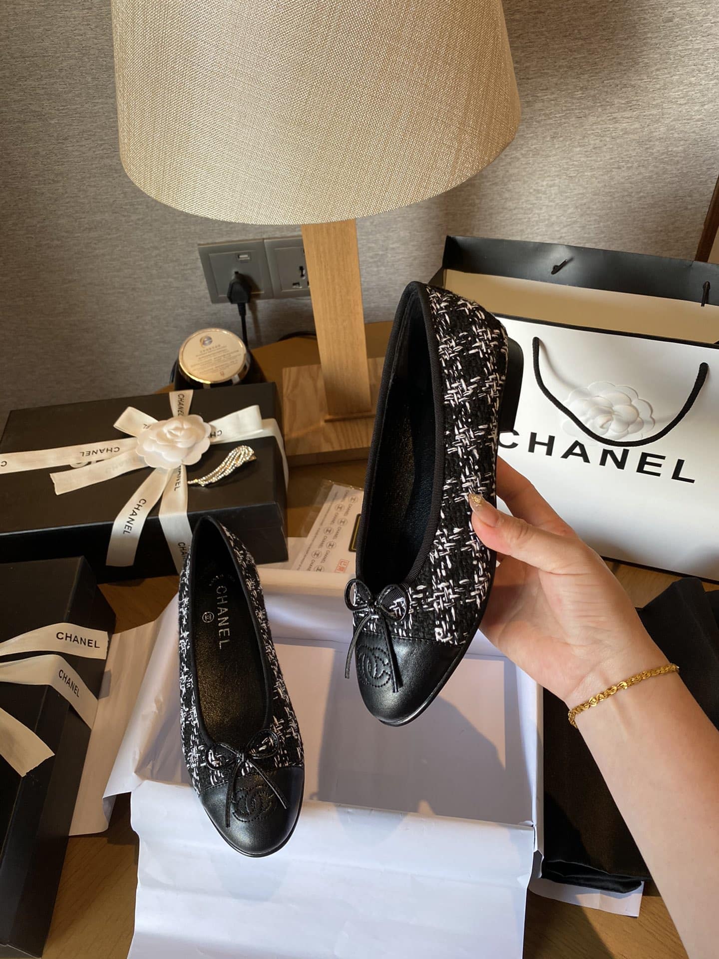 Chanel Plain Toe Rubber Sole Casual Style Tweed Black