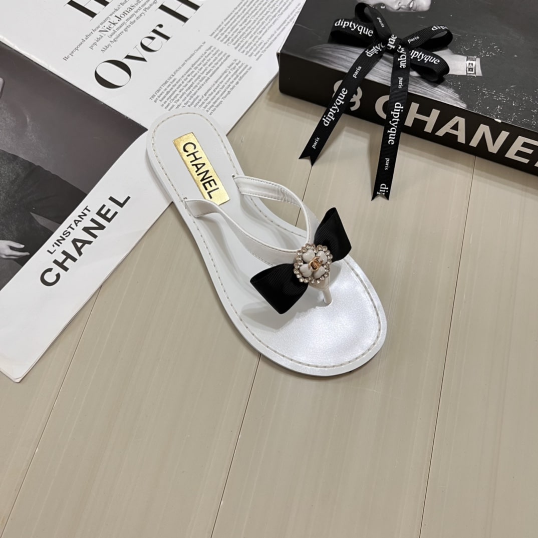 Chanel Thong Slide White Camellia Cc Logo Bow White