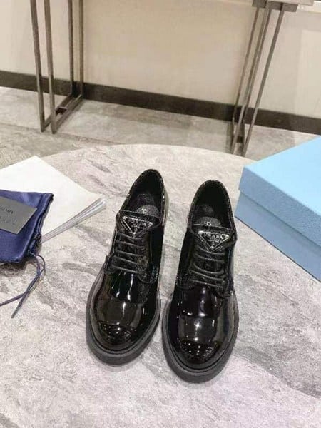 Prada Heeled Brushed Leather Lace-Ups Shiny Black