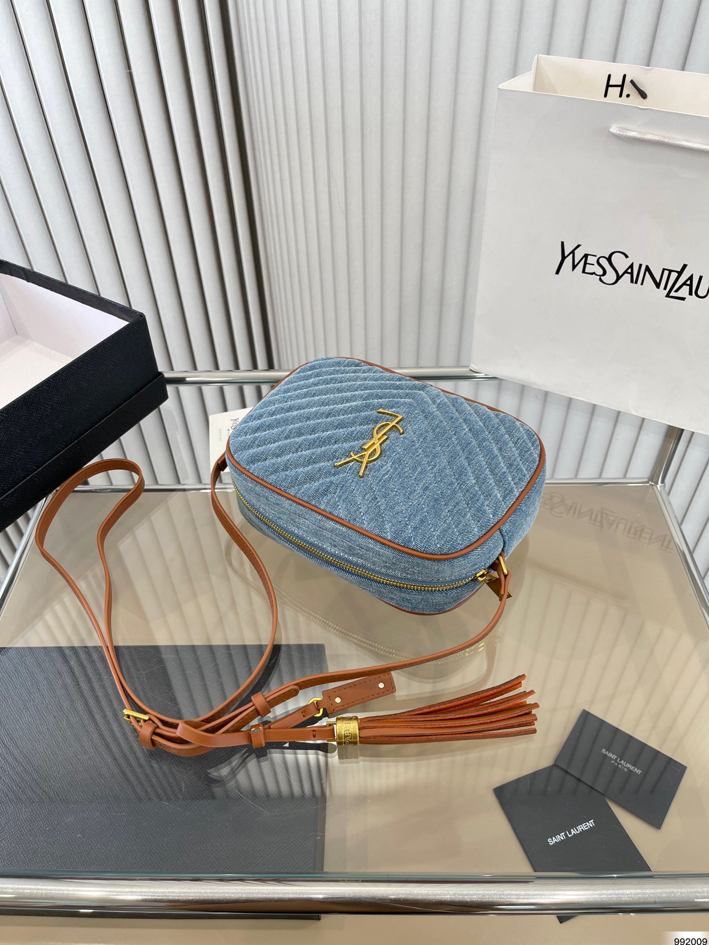 Saint Laurent Women’S Blue Mini Lou Denim Camera Bag 23Cm
