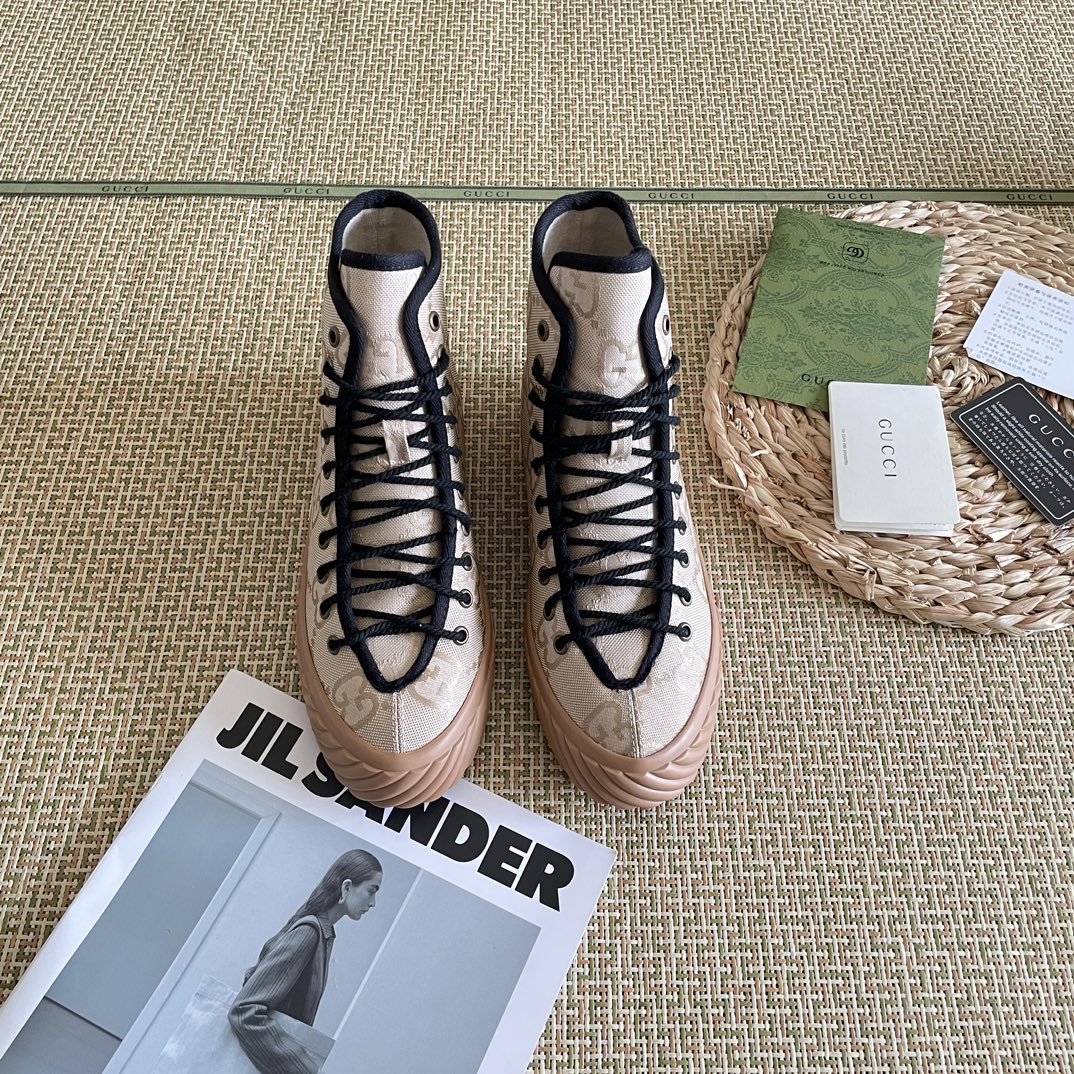 Gucci All Over Gg Logo High Top Sneakers Beige