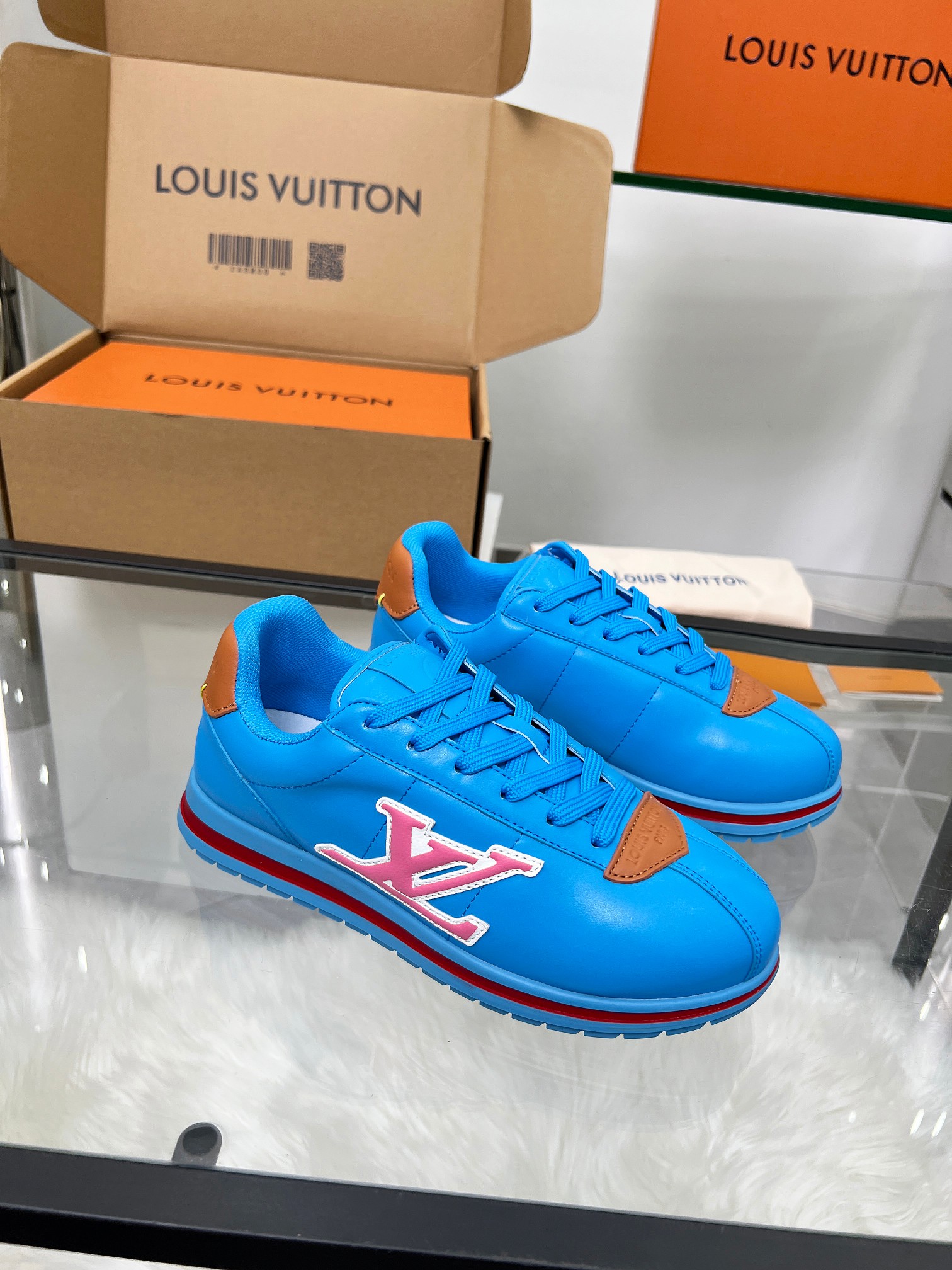 Louis Vuitton LV Trainer Sneaker Blue & Pink – Red Stripe Sole – Women’s Shoes