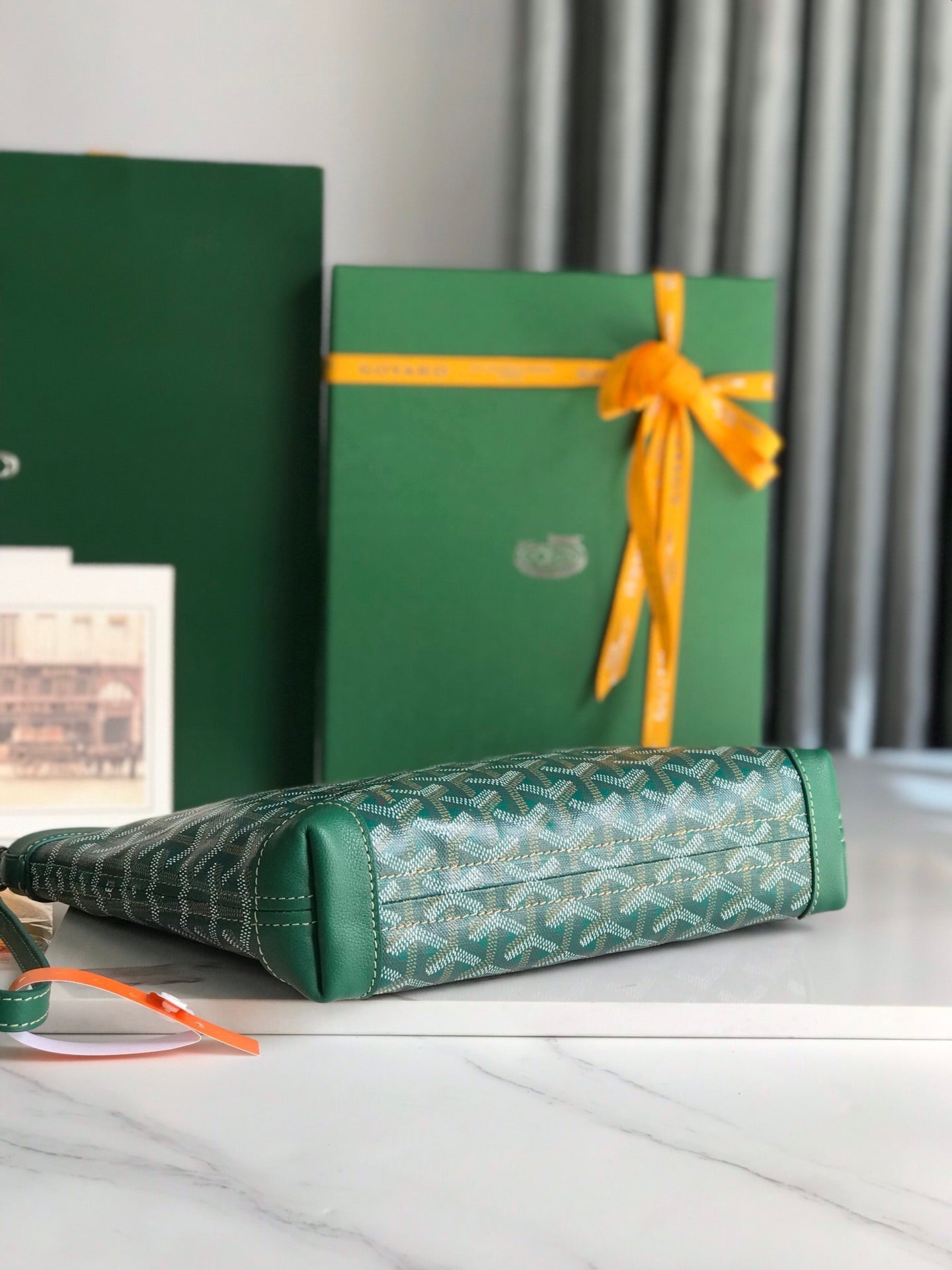 Goyard Conti Pouch 24 Cm Green Lambskin And Goyardine Canvas