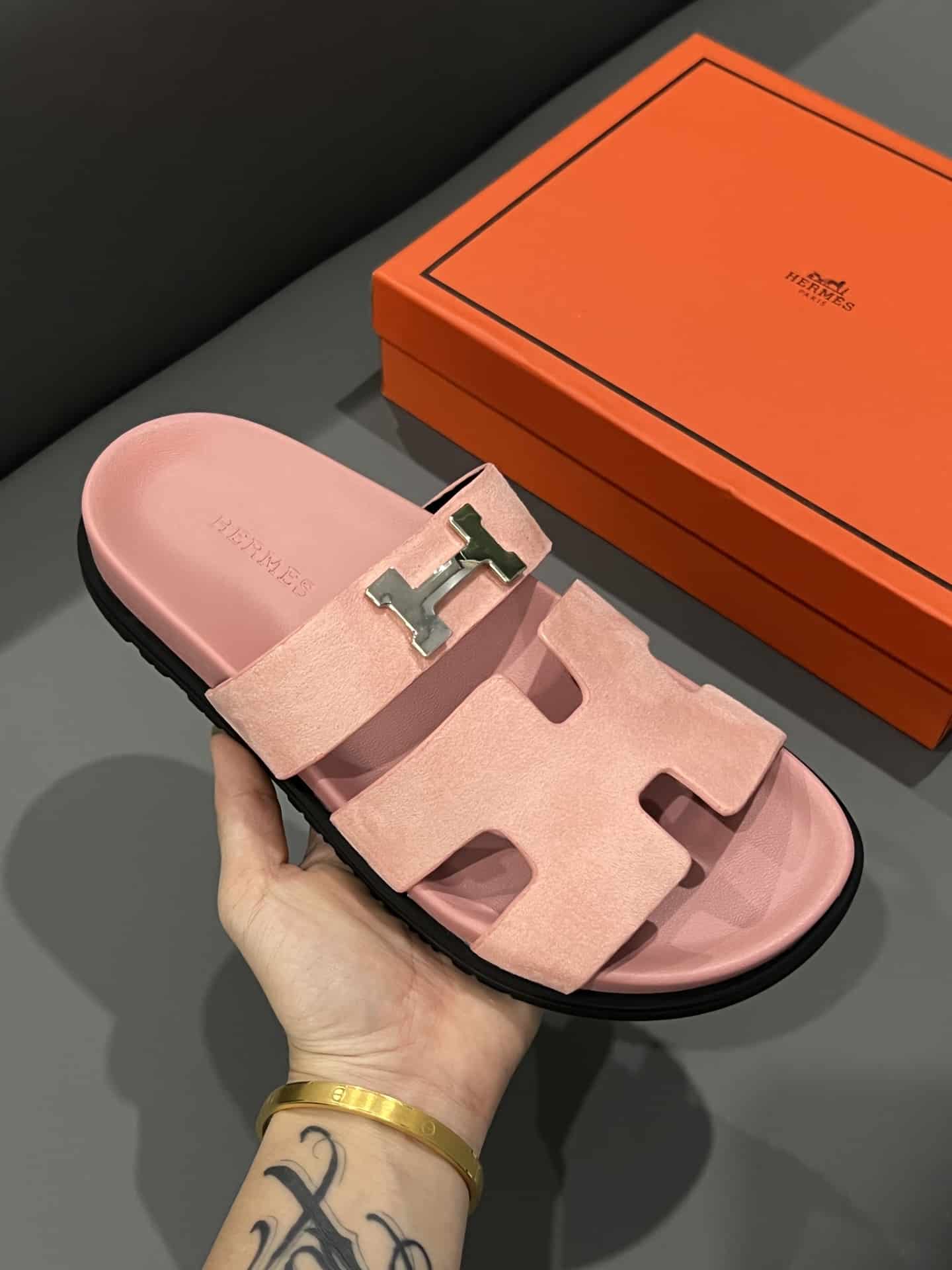 Hermes Chypre Sandal H Logo Silver Hardware Pink