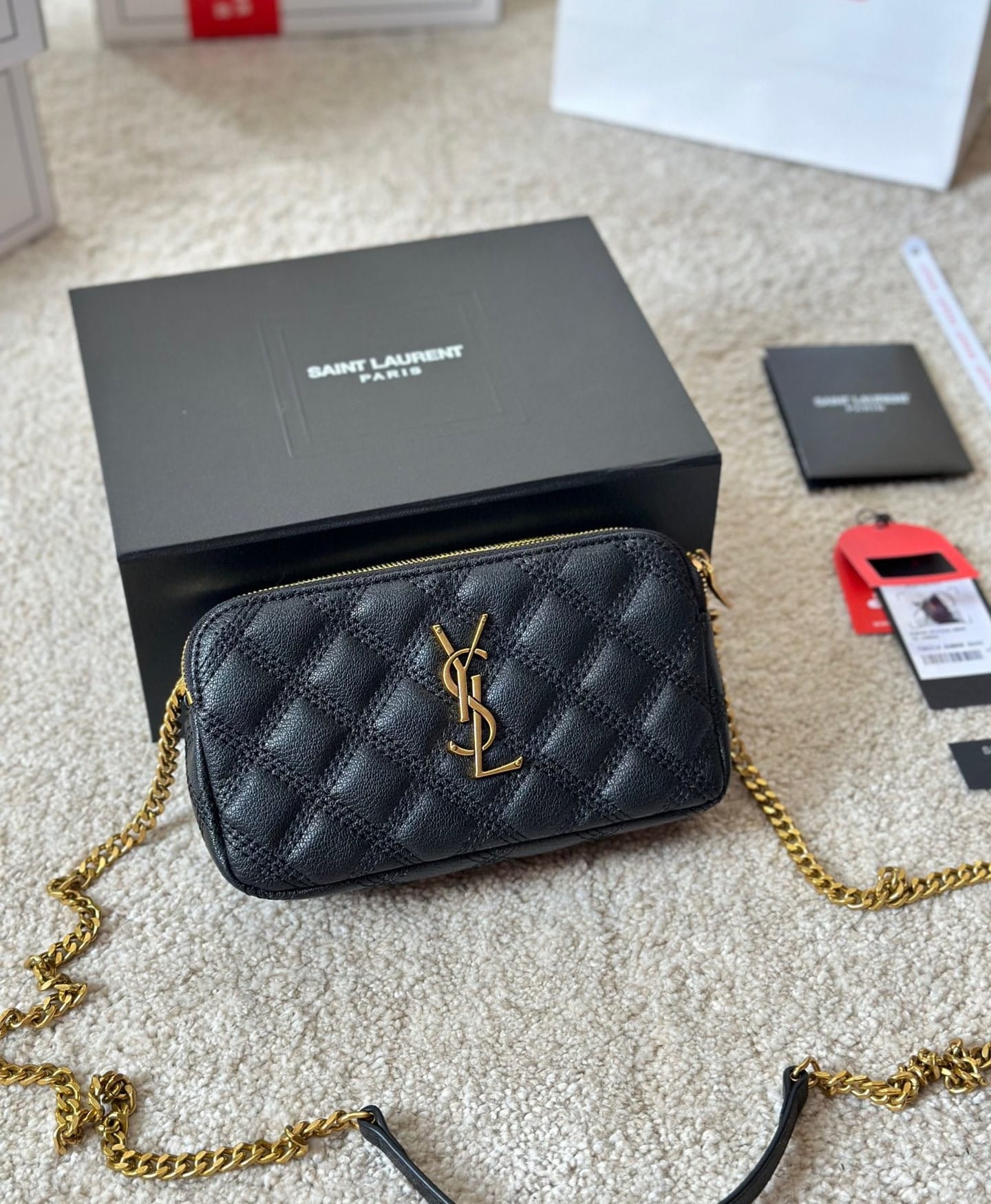 Saint Laurent Becky Quilted Double Zip Pouch Bag Black 20Cm