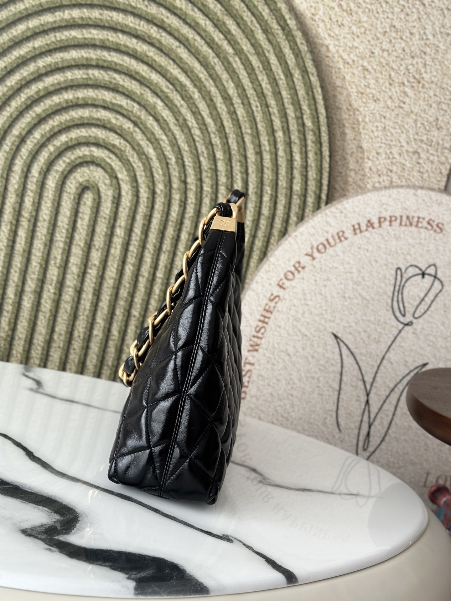 Black Shiny Calfskin Quilted Hobo Bag (Model AS4382)