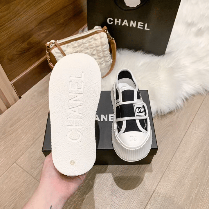 Chanel White Cc Cap Toe Slipon Sneaker Black