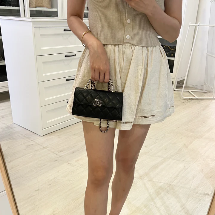 Chanel Caviar Quilted Chain Top Handle Phone Holder With Chain Black 18cm