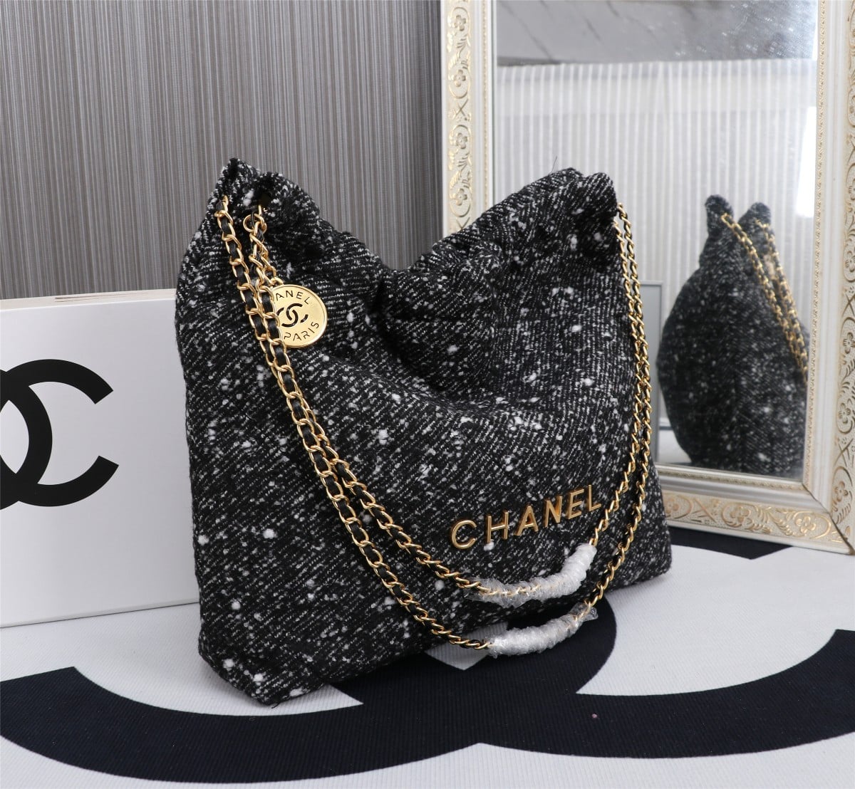 Chanel 22 Handbag Denim Gold And Dark Gray 40Cm/15.7in