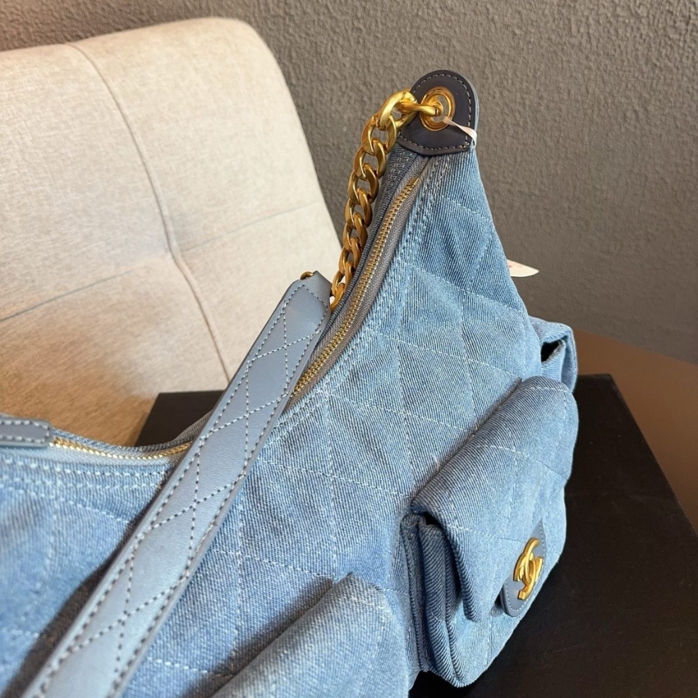 Chanel Large Hobo Bag Washed Denim And Gold Tone Metal Blue 31Cm AS5339 B19251 NG353