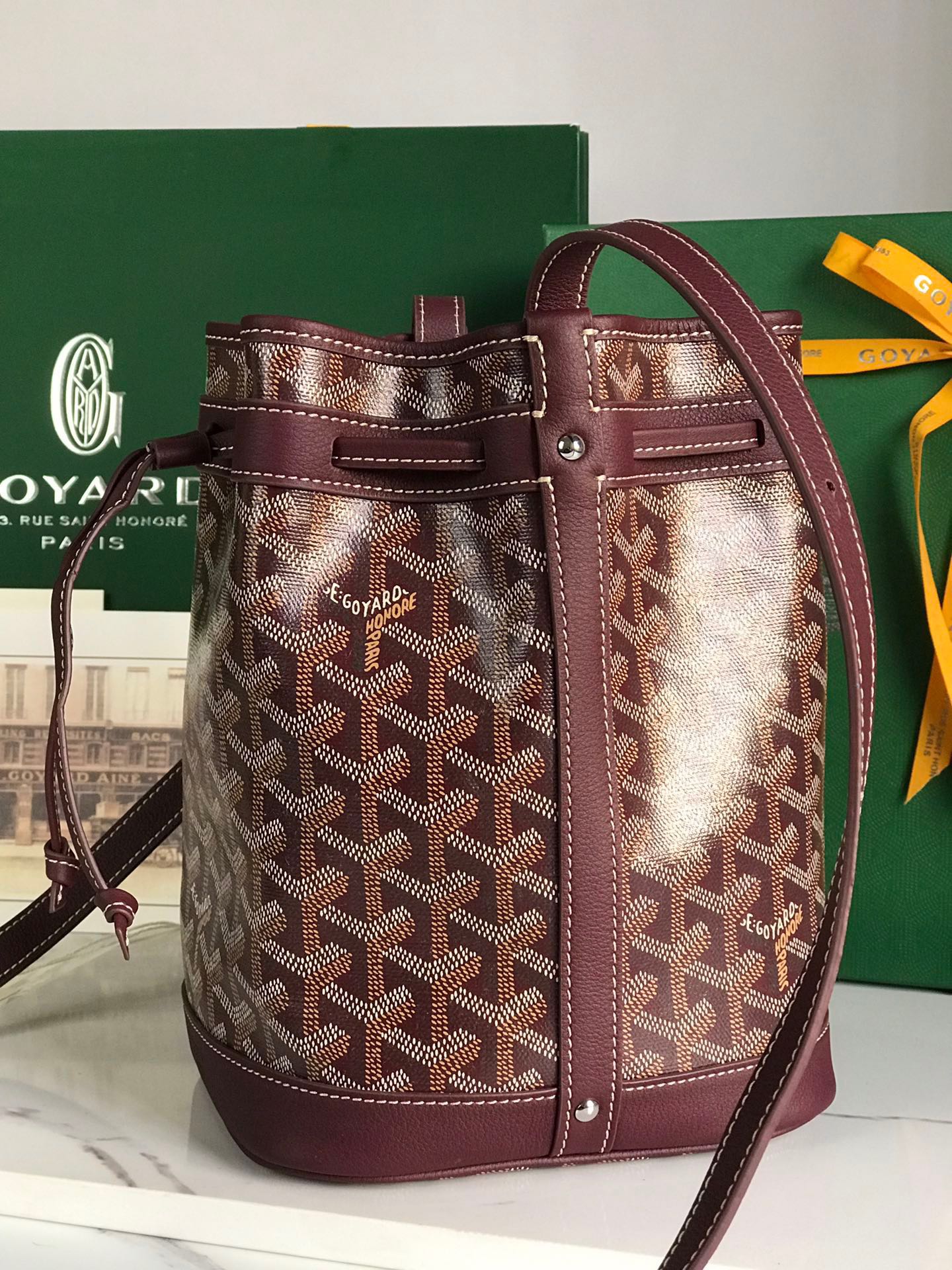 Goyard Petit Flot Bucket Bag 22 Cm Wine Red Goyardine Canvas And Lambskin Trim