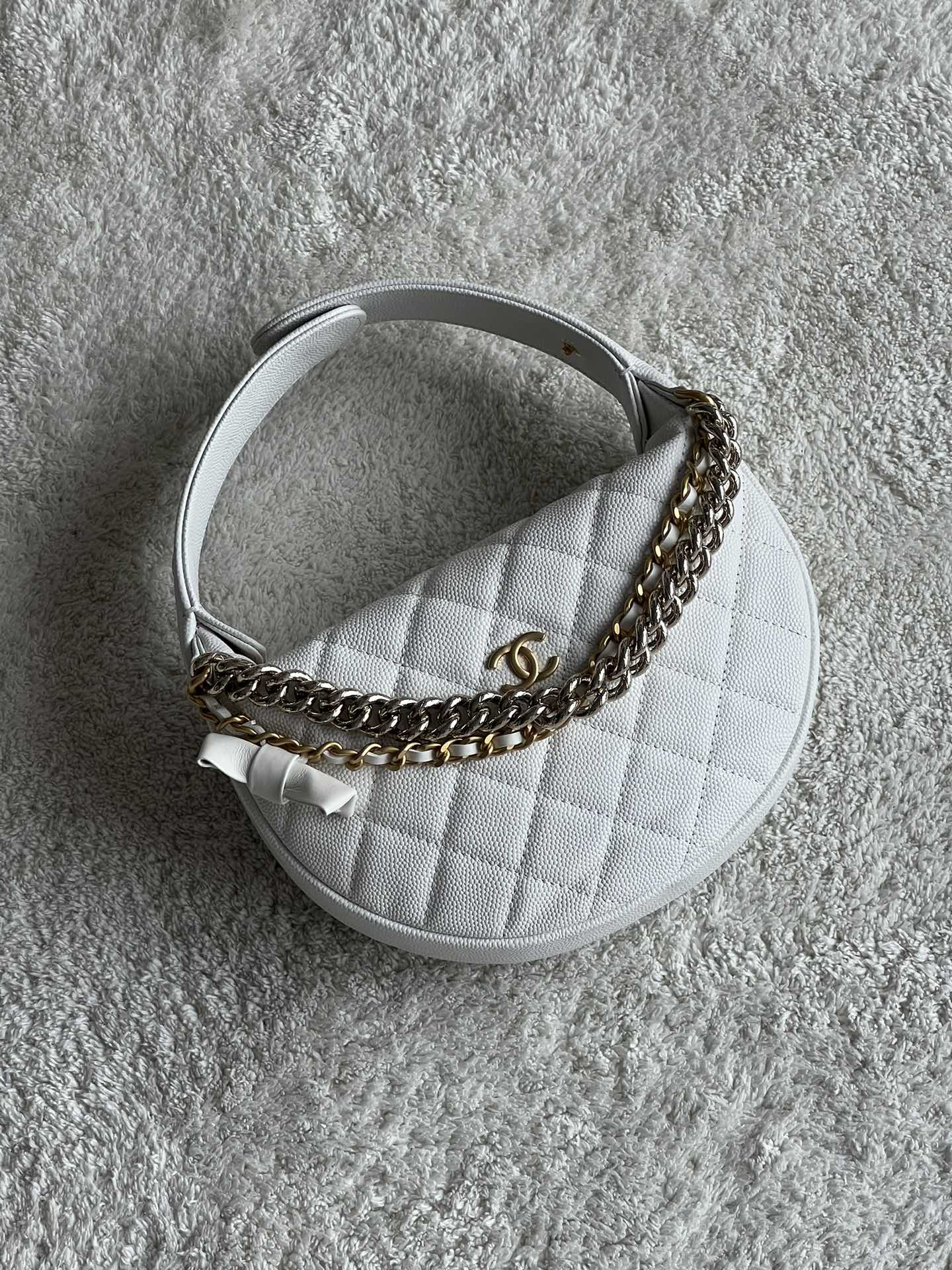 24S Half Moon Hula Hoop Bag in White Quilted Caviar Leather with Mixed Gold & Silver-Tone Hardware and Bow Detail
