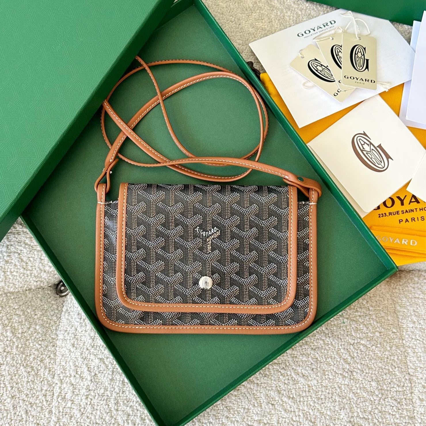 Goyard Plumet Pocket Wallet 20 Cm Black Goyardine Canvas And Tan Lambskin Trim