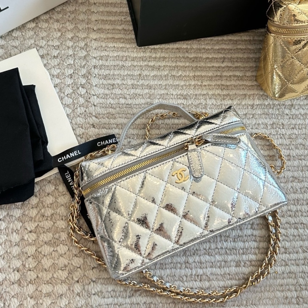 Chanel Vanity Case With Chain Metallic Silver 20Cm