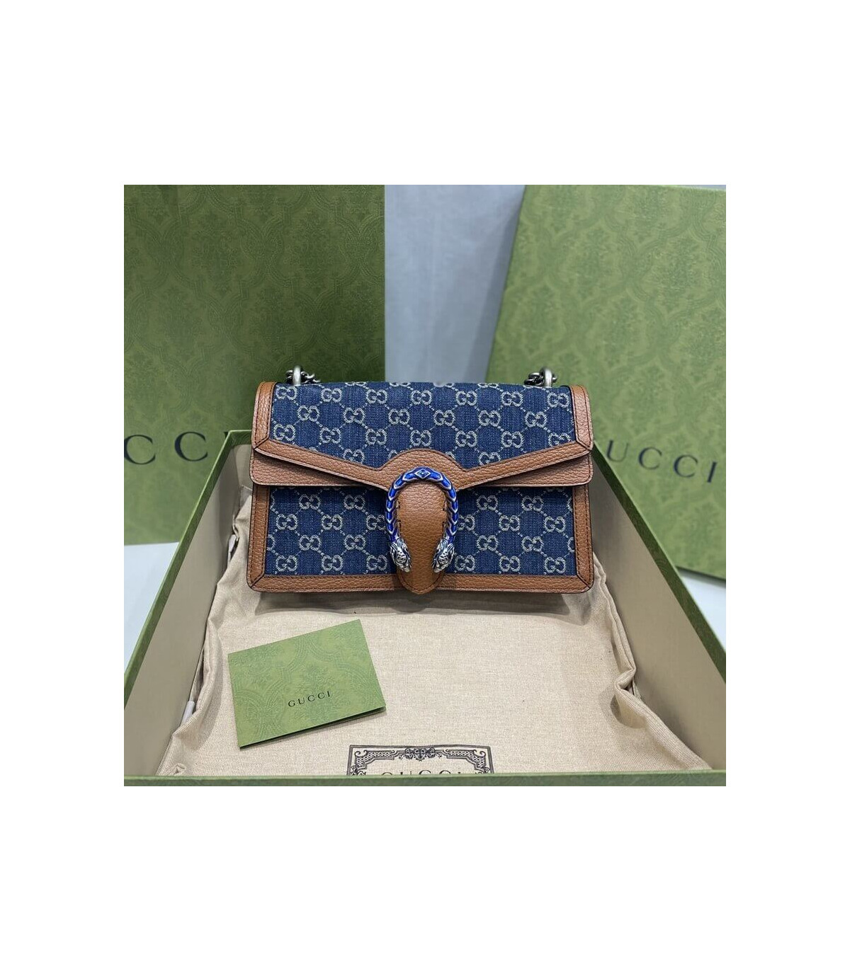 Gucci Small Dionysus Shoulder Bag in Blue Jacquard Denim 28cm