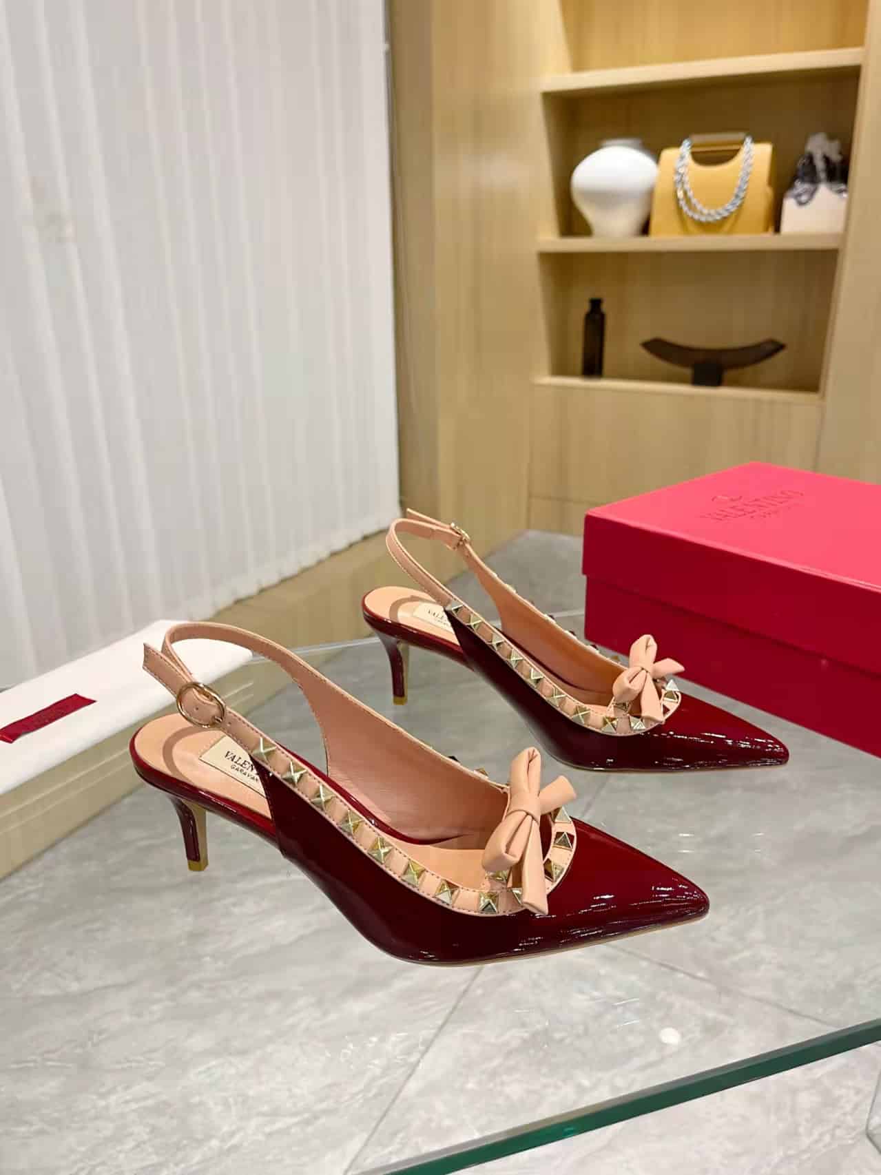 Valentino Rockstud Bow Slingback Pump In Patent Leather With Matching Studs Red