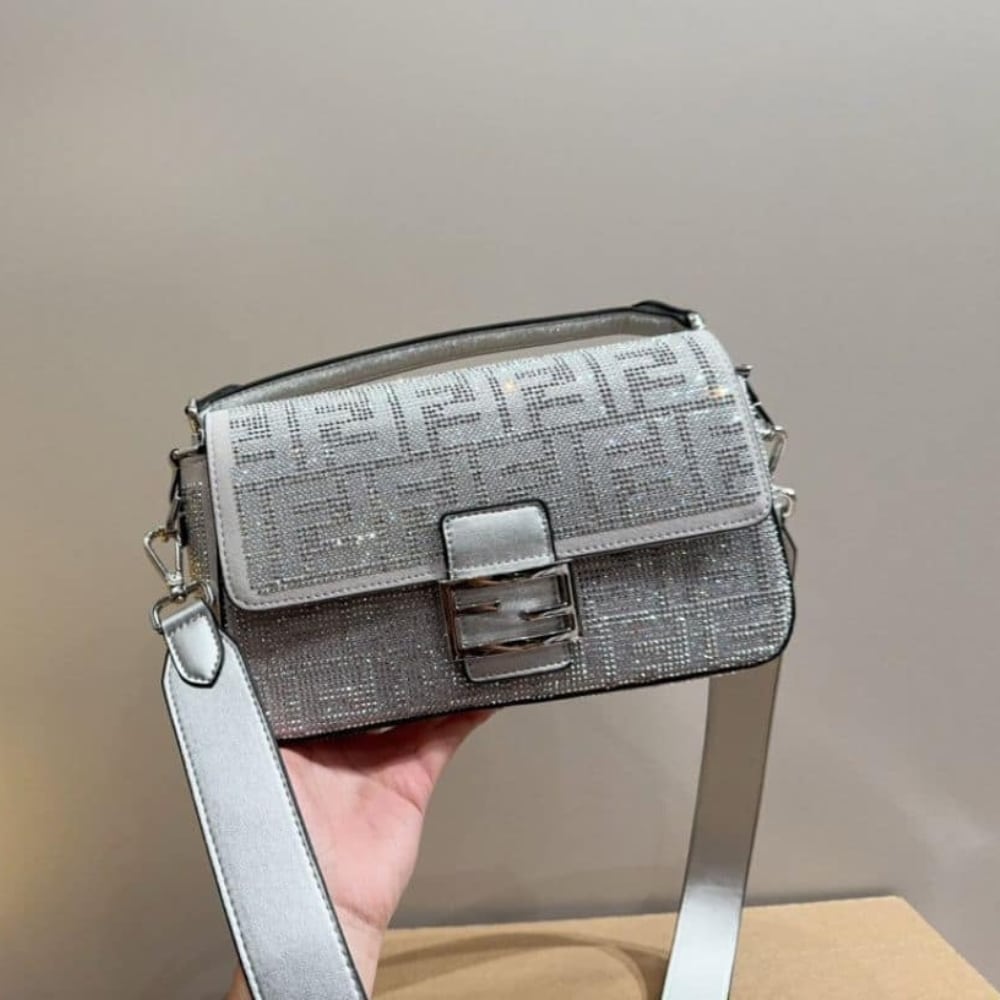 Fendi Baguette Crystal Trim Silver 25Cm