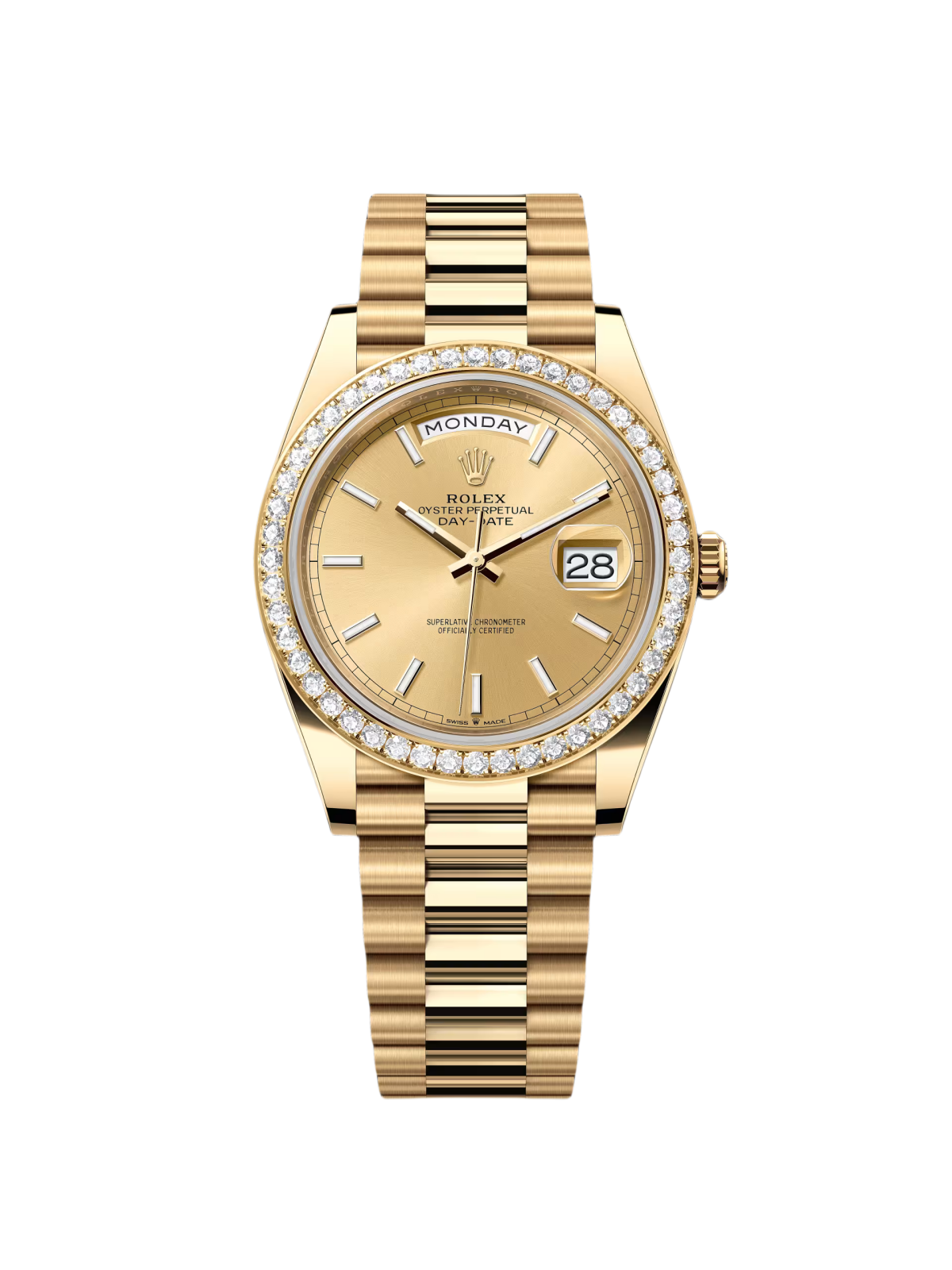 【Super Clone】RLX Day-Date 40mm Champaign Dial and Diamond Bezel Yellow Gold President Bracelet 228348RBR-0008