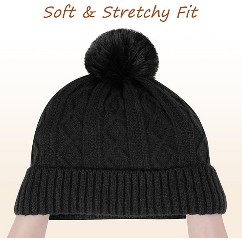 Winter Beanie with Pom Pom Cable Knit Beanie Hats