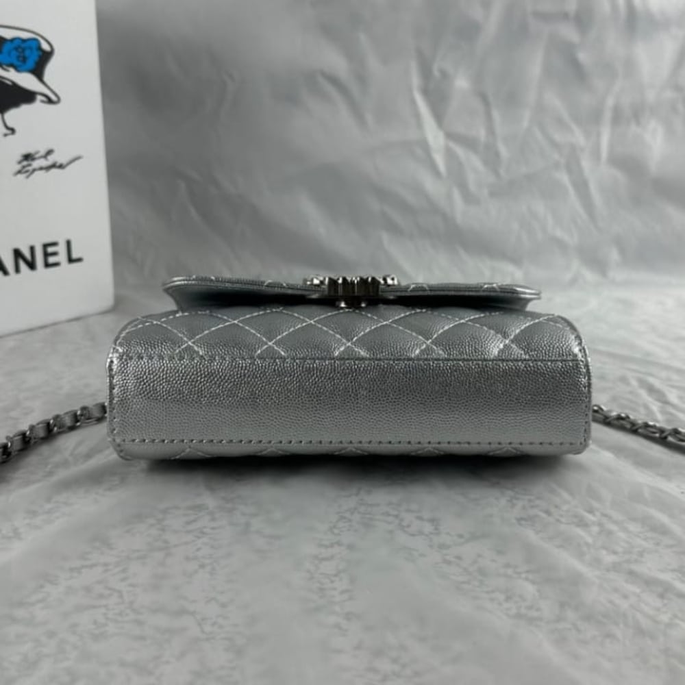 Chanel 23P Clutch With Chain Bag Grained Leather Silver 18cm