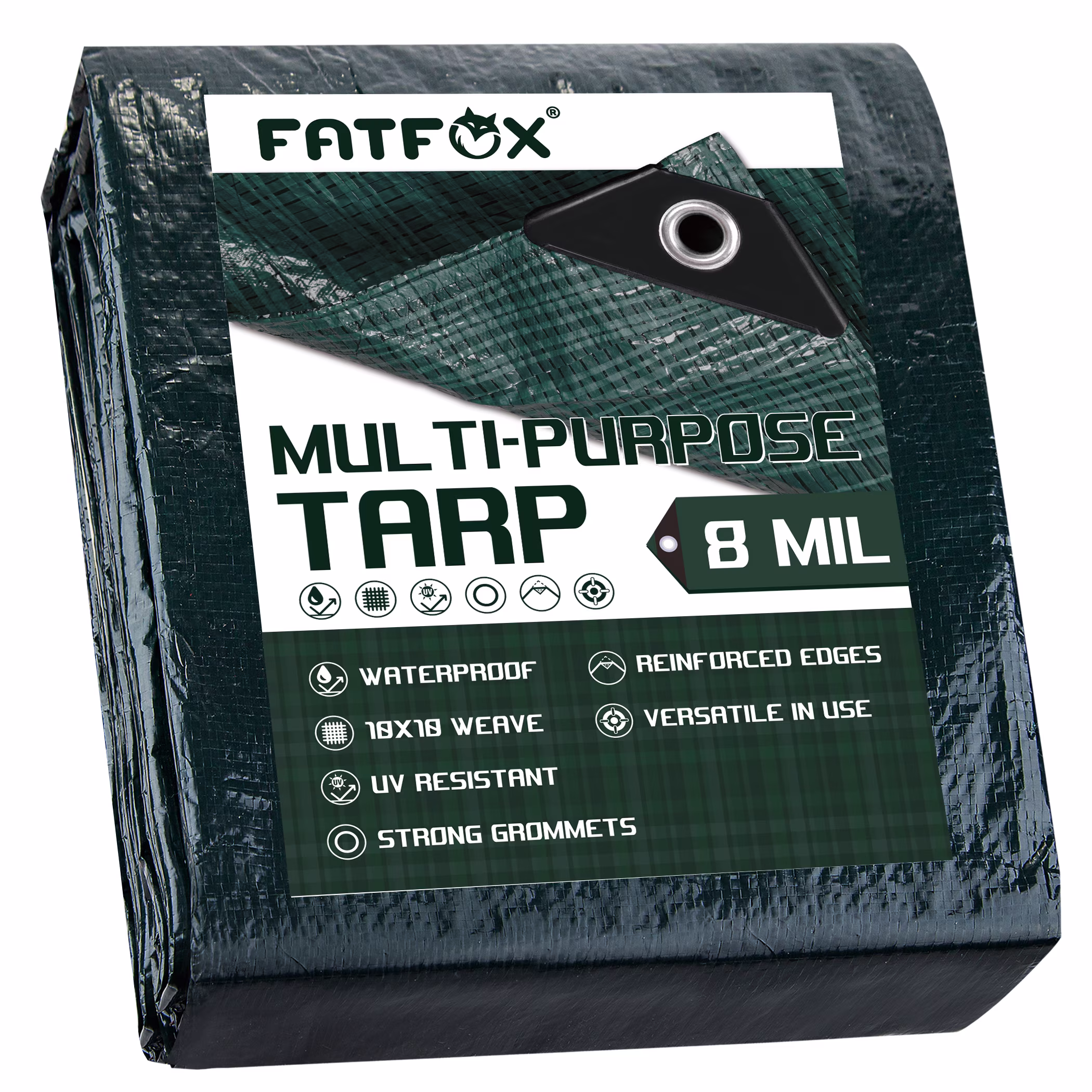 FATFOX Finished Size 6x8 feet Waterproof Green Tarp 8 mil Thick, Multipurpose Protective Cover for Emergency Rain Shelter Camping Tarpaulin