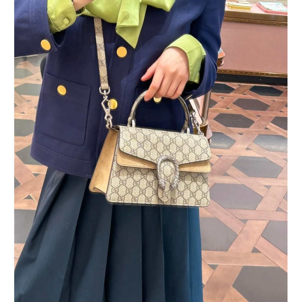 Gucci Small Dionysus Top Handle Bag Taupe Suede Trim