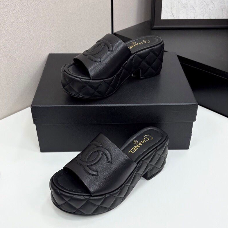 Chanel CC Embossed Logo High Heel Mules in Black Quilted Calfskin