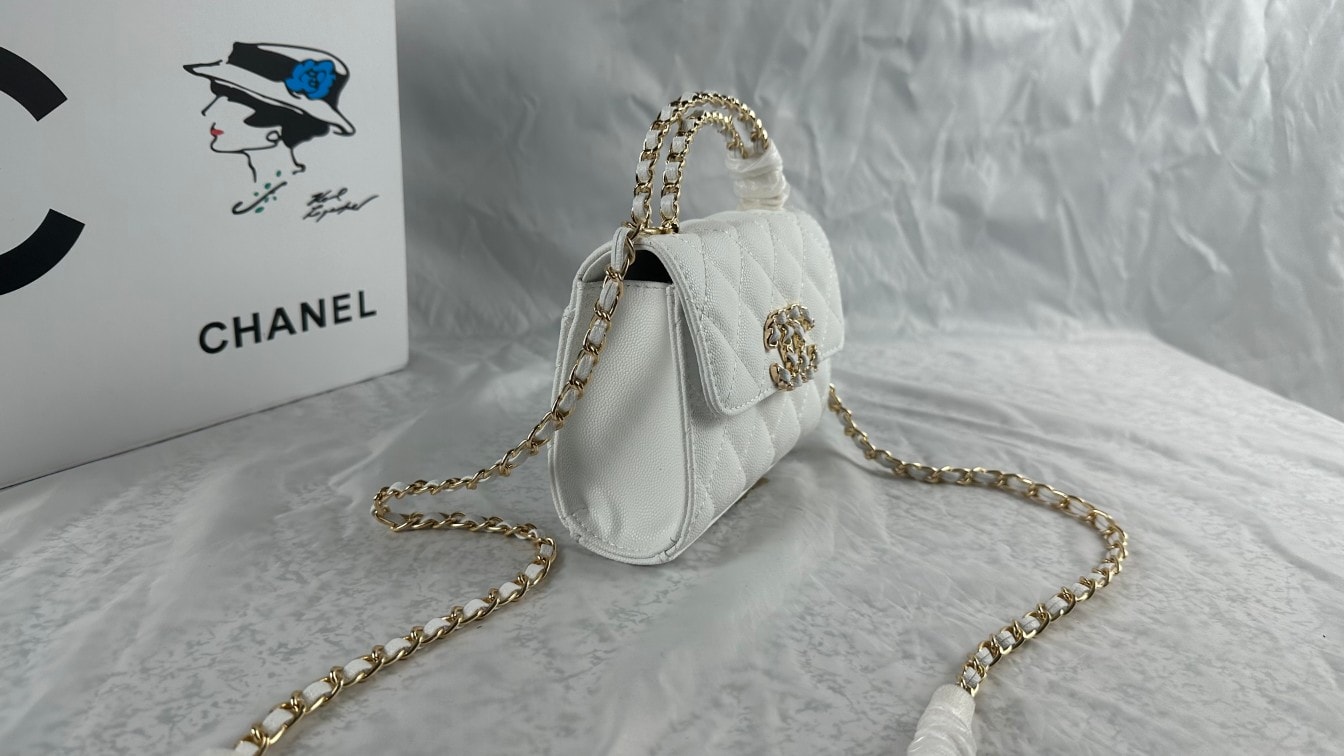 Chanel Top Handle Clutch With Chain In Caviar White 15Cm/5in