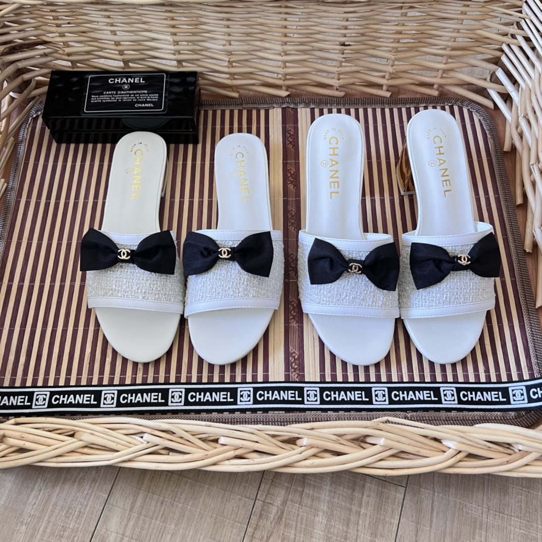 Chanel Grosgrain Ribbon Bow Flat Sandal Tweed White