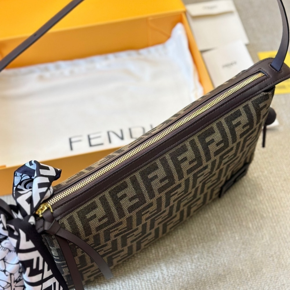 Fendi Simply Fendi Medium Brown Ff Jacquard Fabric Bag 25Cm