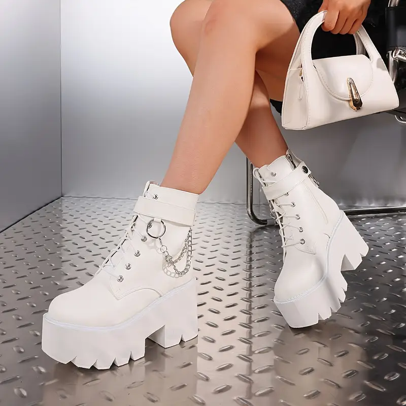 High Heel Platform Chunky Gothic Ankle Boots with Chain Punk Shoes for Halloween Street Combat Motorcycle Short Boots