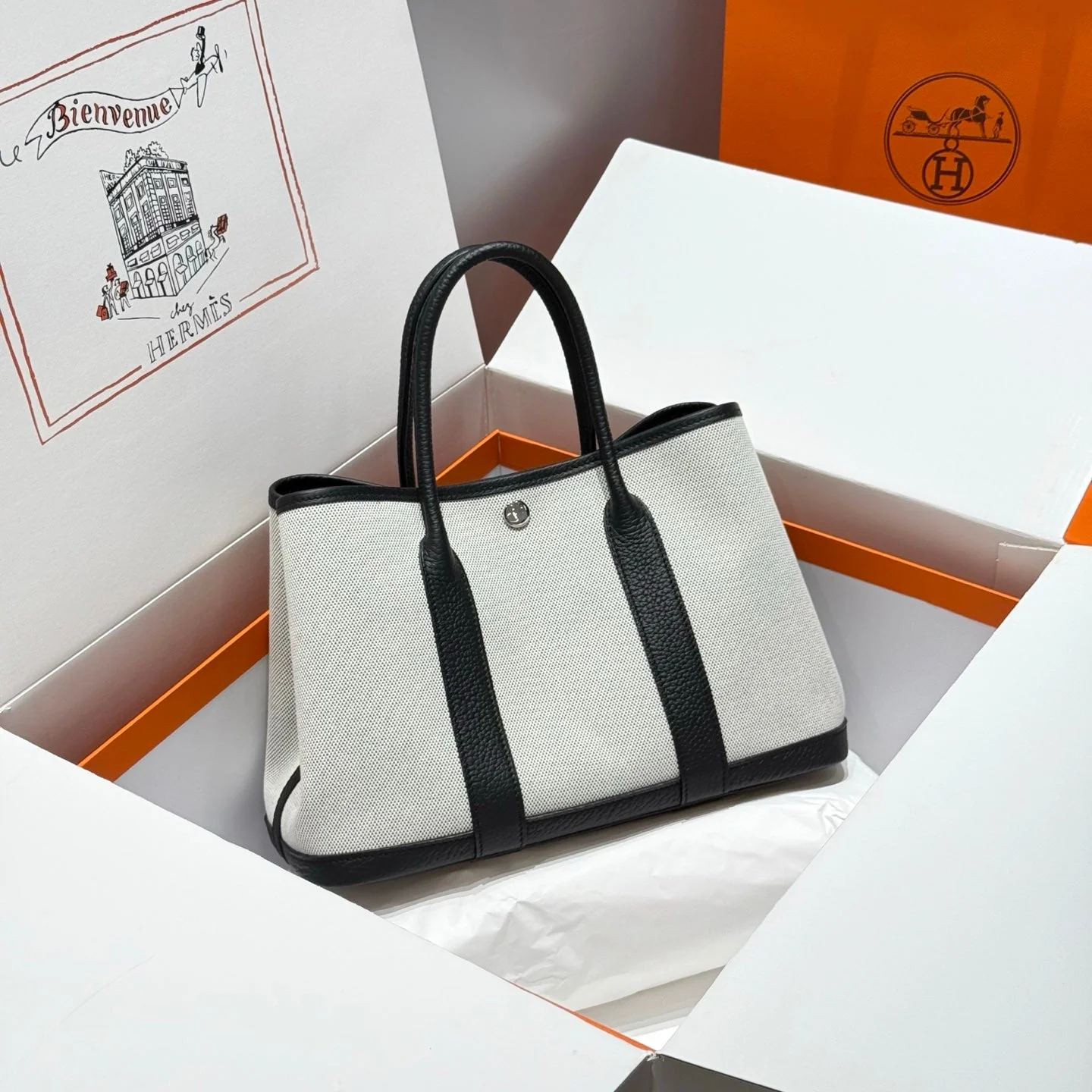 HM Garden Party 30cm Bag Black Togo Grey Canvas