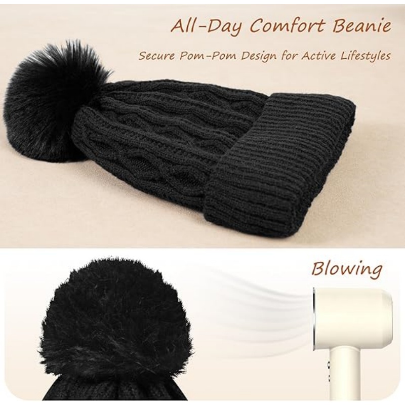 Winter Beanie with Pom Pom Cable Knit Beanie Hats