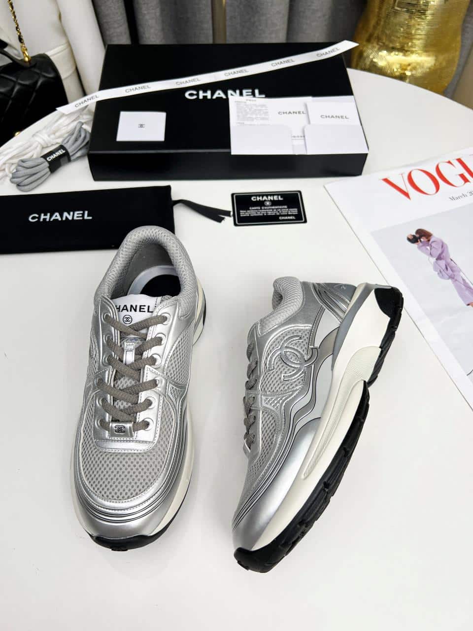 Chanel 23C Silver Metallic Cc Logo Lace Up Flat Runner Trainer Sneaker Gray