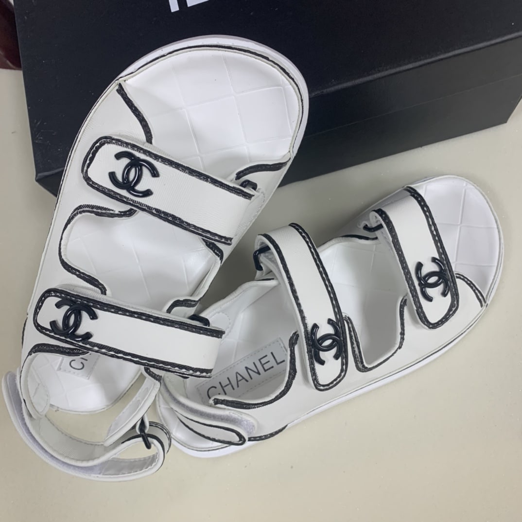 Chanel Calfskin Printed Velcro Dad Sandals White Black
