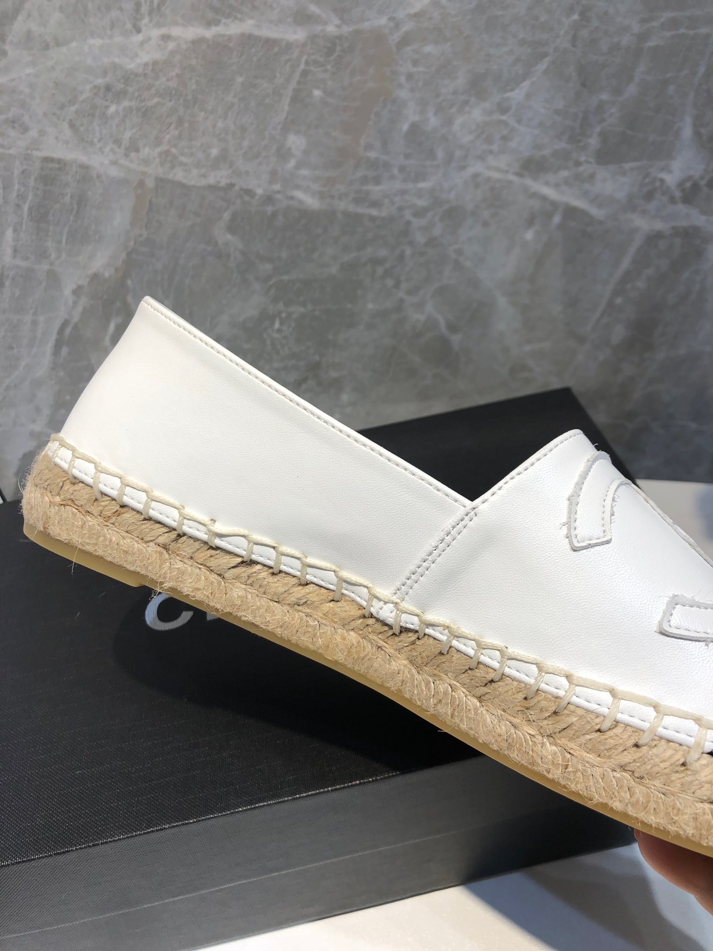Chanel CC Embroidered Espadrille Leather Black Cap Toe Flats White