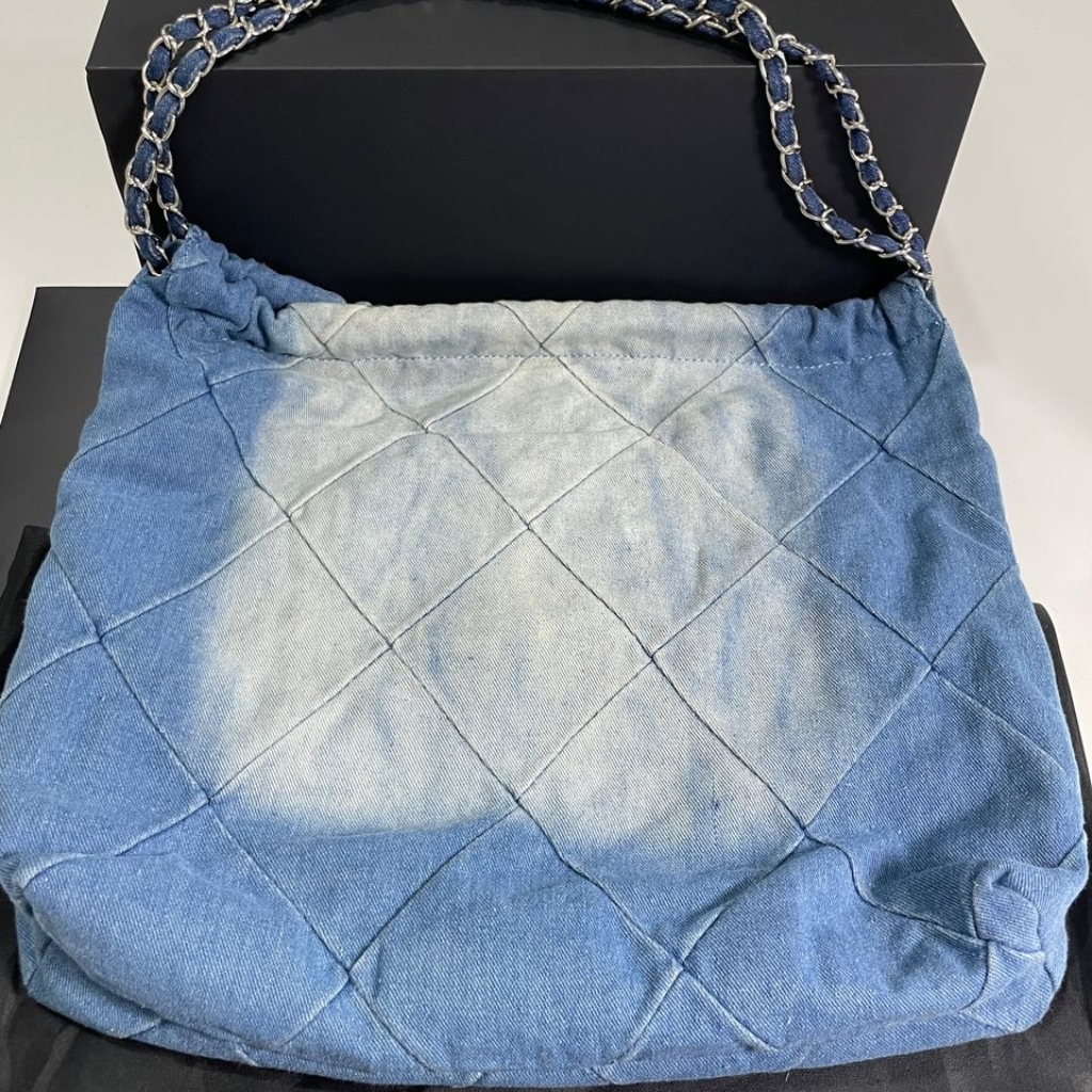 Chanel 22 Handbag Washed Denim Silver Tone Metal Blue 41Cm AS3261 B10439 NM981