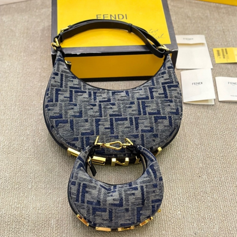 Fendi Fendigraphy Small Dark Blue Ff Chenille Bag 30Cm
