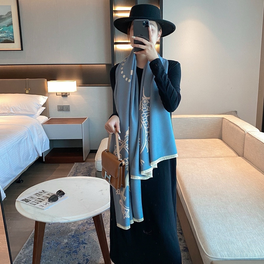 Hermes Cashmere Wool Scarf Wrap Shawl In Blue And Pink 180cm